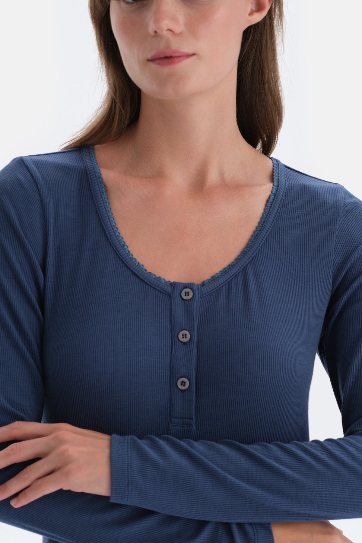 Indigo Ribli Kaşkorse Yuvarlak Yaka Örme Pijama Takımı