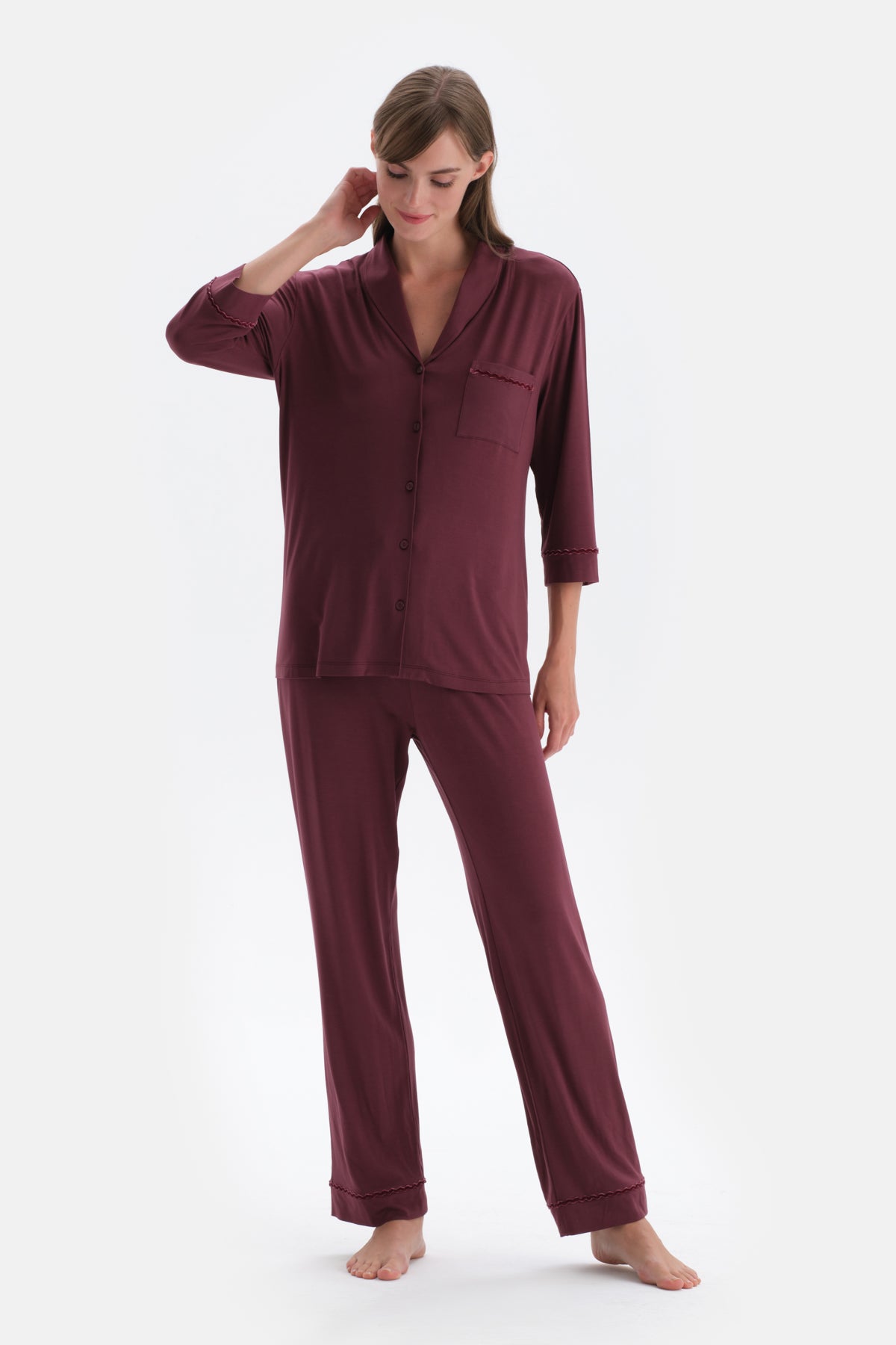 Bordeaux VELVET STRIP DETAILED SHIRT PANTS PAJAMAS SUIT