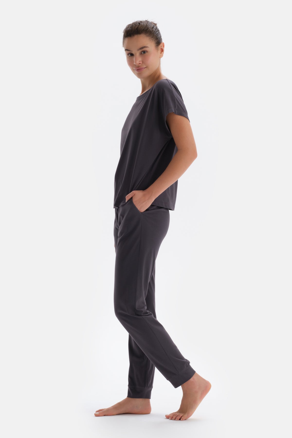 Anthracite SHORT SLEEVE KNITTED PAJAMAS SUIT