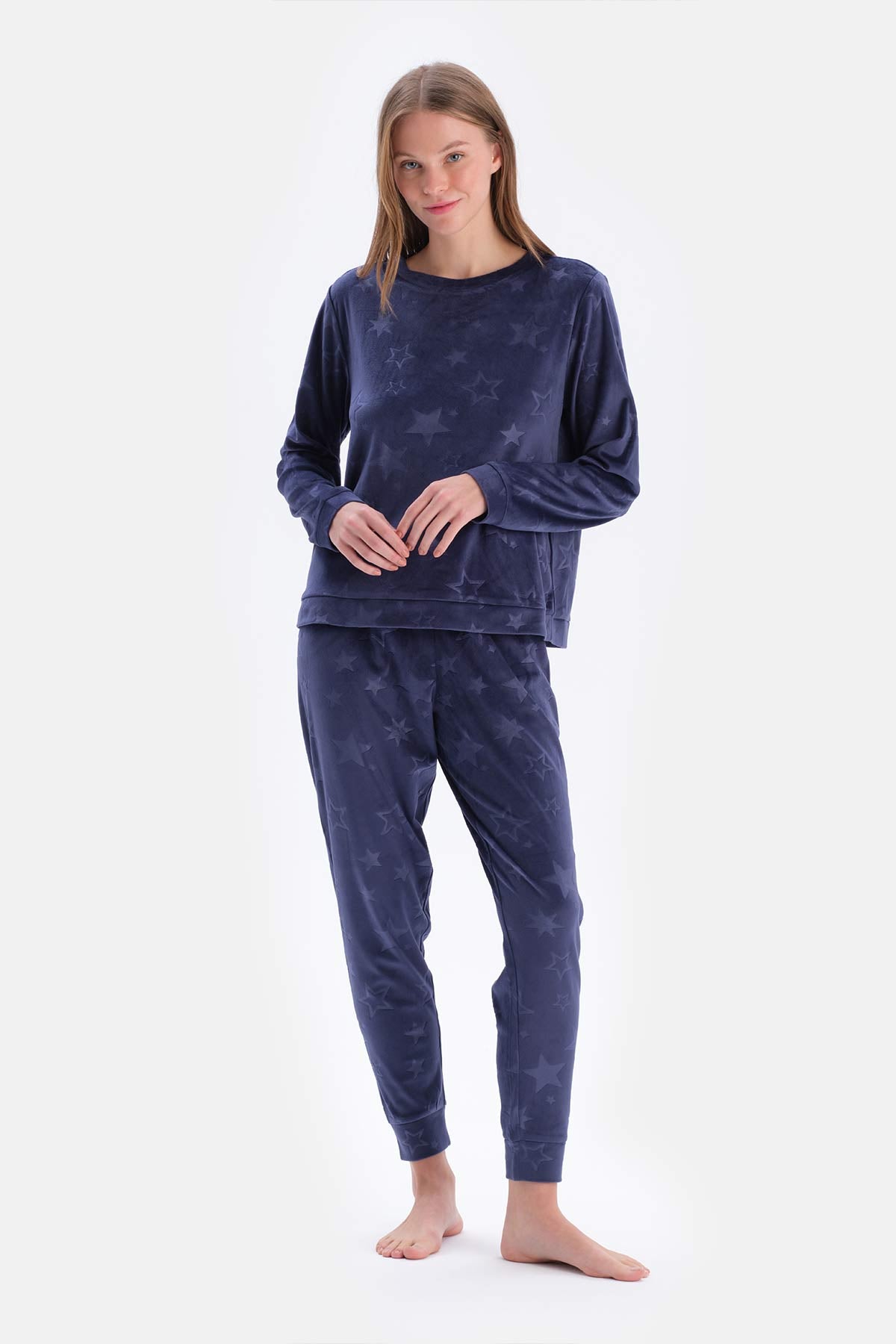 Navy EMBOSSED STAR DETAILED KNITTED PAJAMAS SUIT