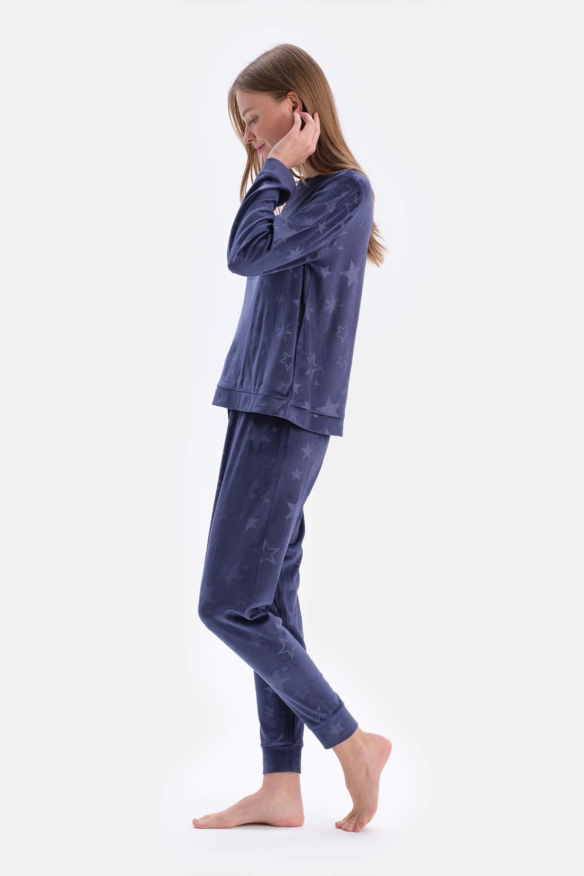 Navy EMBOSSED STAR DETAILED KNITTED PAJAMAS SUIT