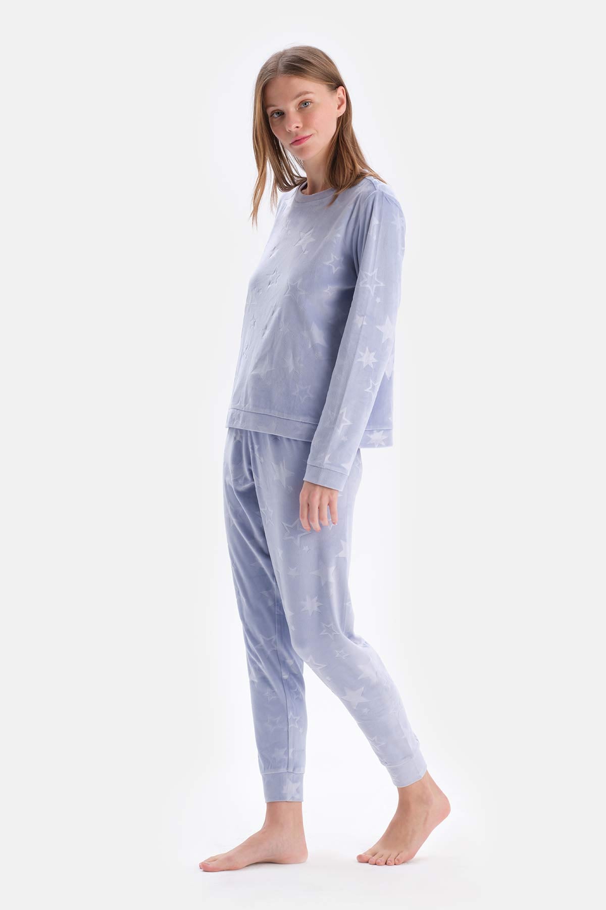 Blue EMBOSSED STAR DETAILED KNITTED PAJAMAS SUIT