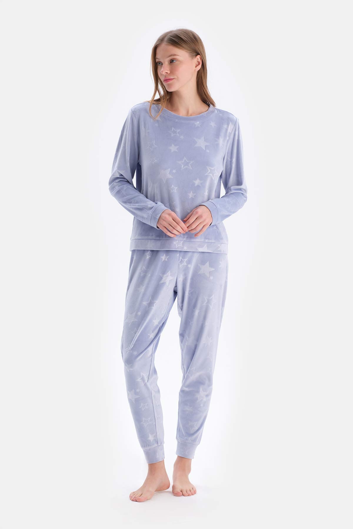 Blue EMBOSSED STAR DETAILED KNITTED PAJAMAS SUIT