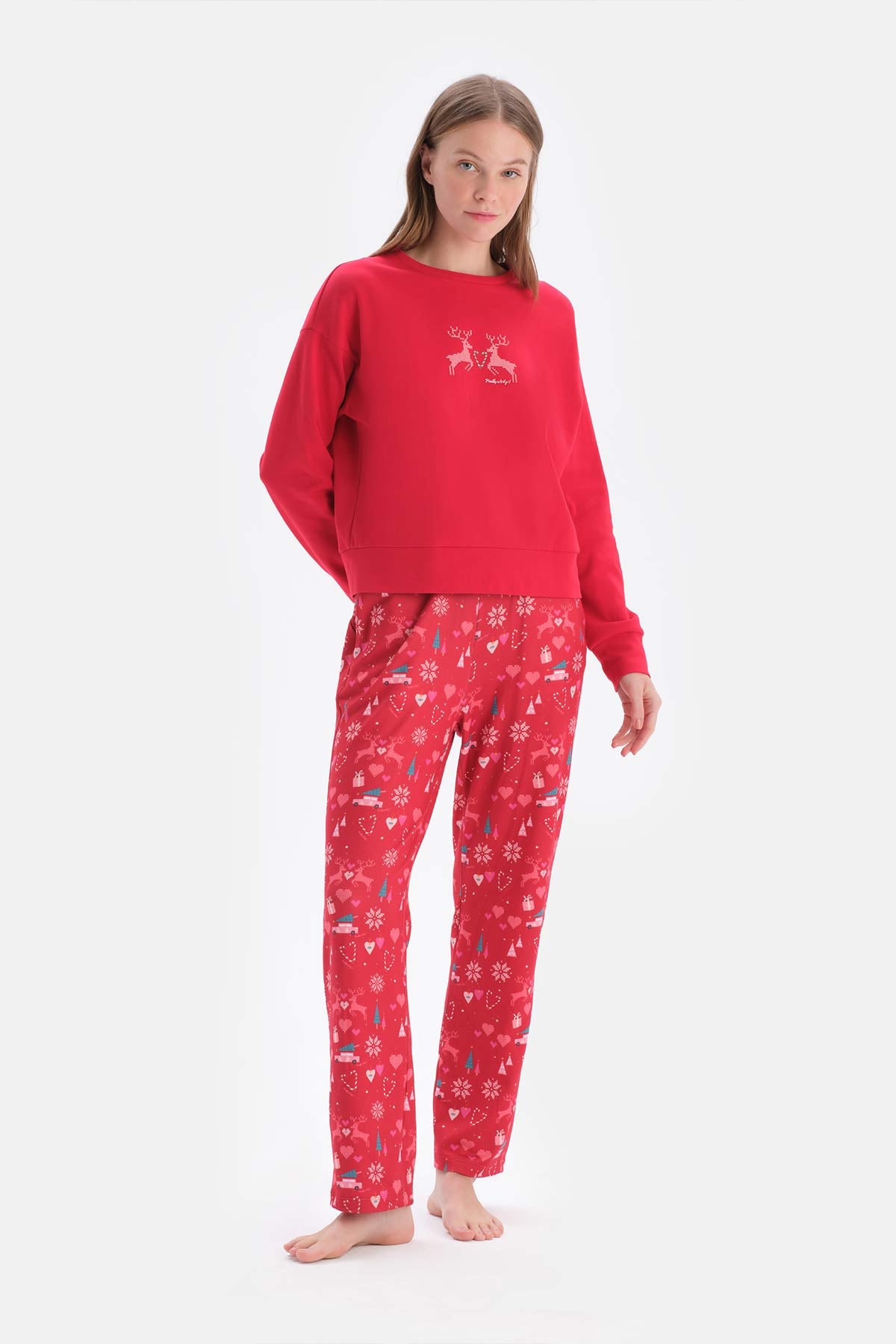 Red PRINT DETAILED CREW-NECK PAJAMAS SUIT