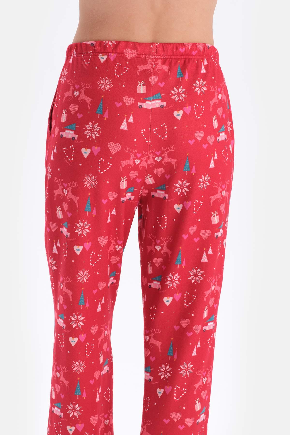Red PRINT DETAILED CREW-NECK PAJAMAS SUIT