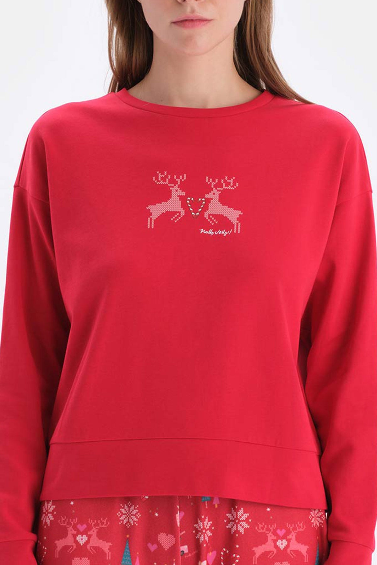 Red PRINT DETAILED CREW-NECK PAJAMAS SUIT