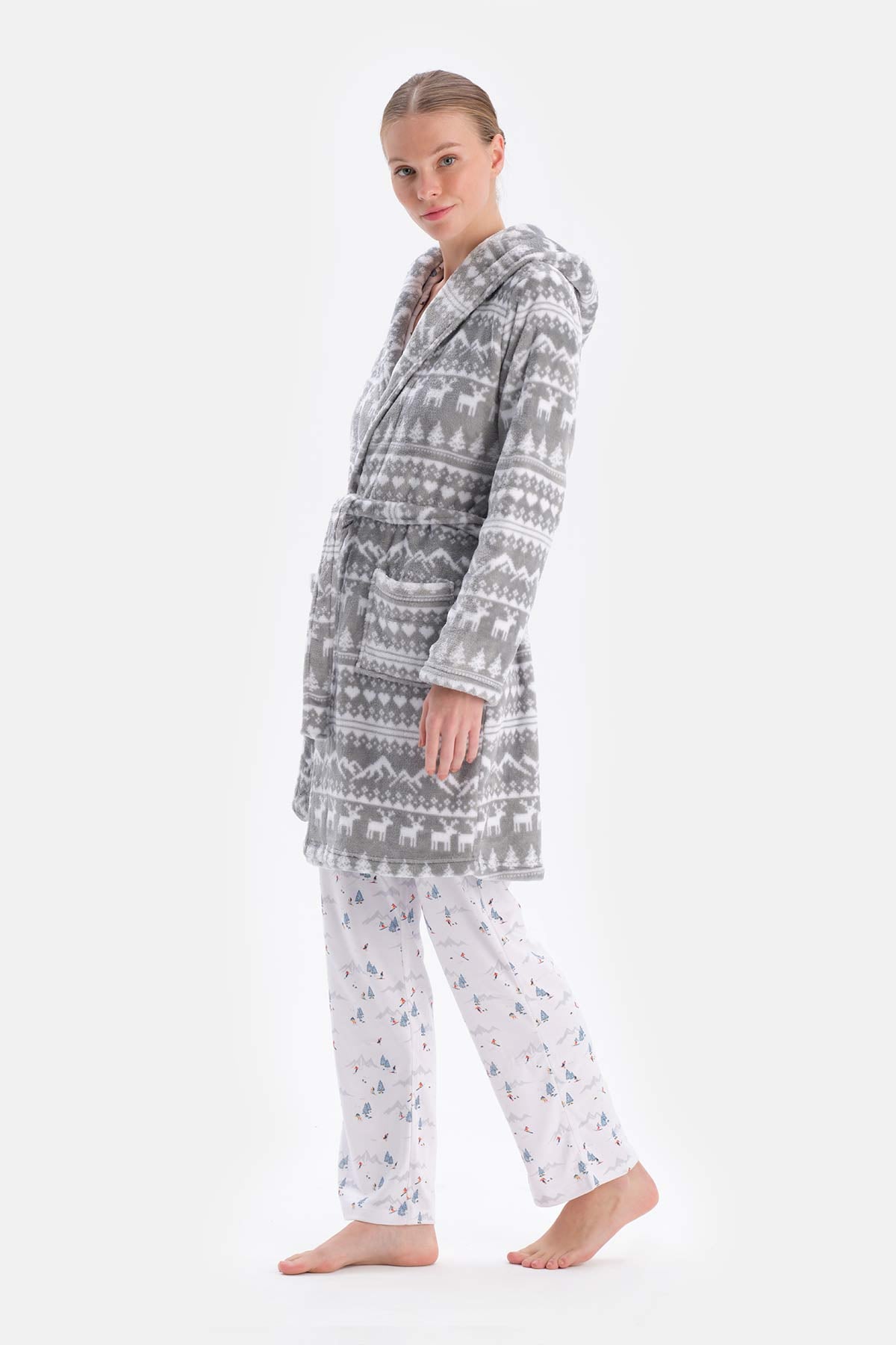 Grey CHRISTMAS PRINTED FLEECE ROBE