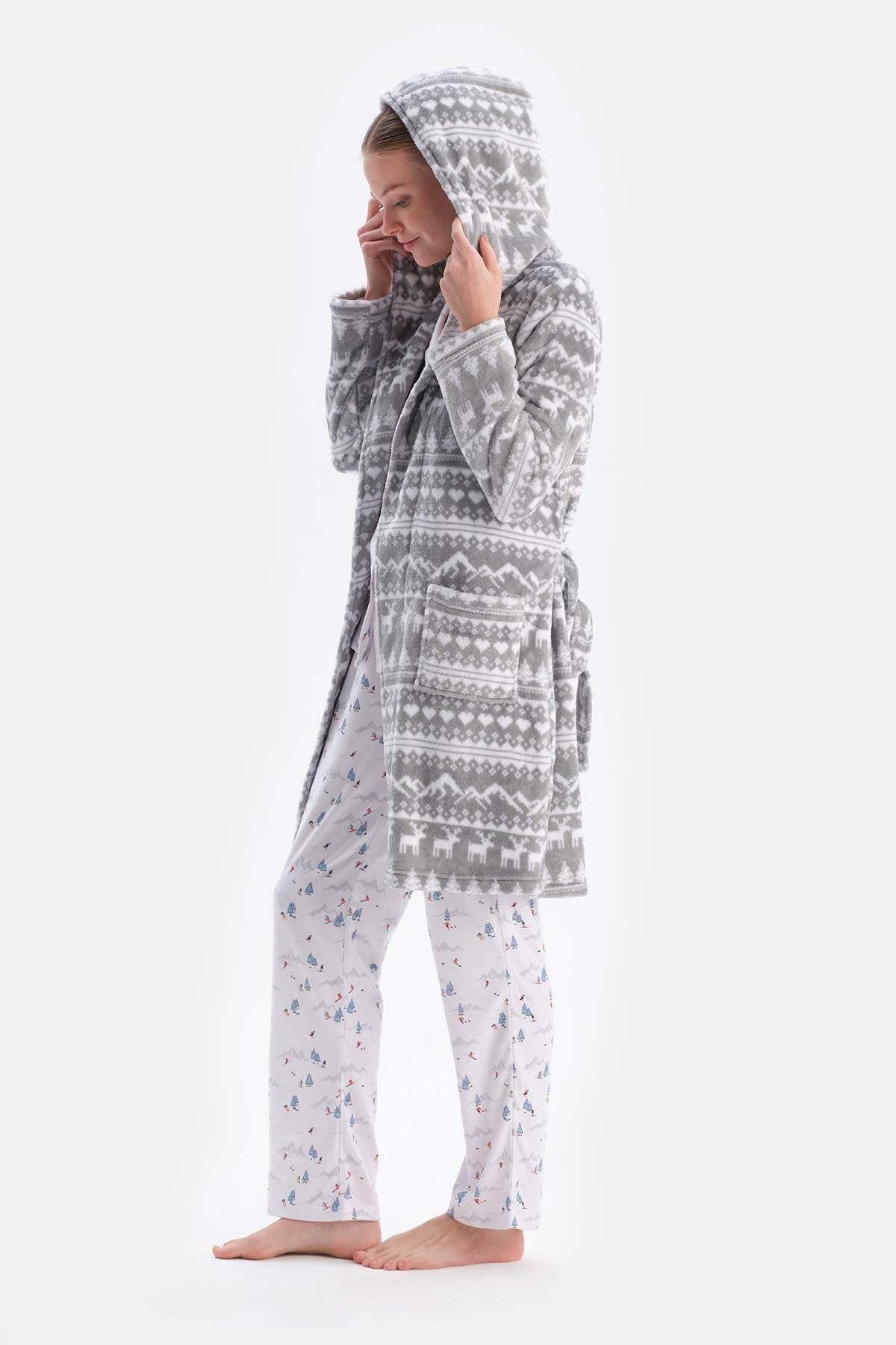 Grey CHRISTMAS PRINTED FLEECE ROBE
