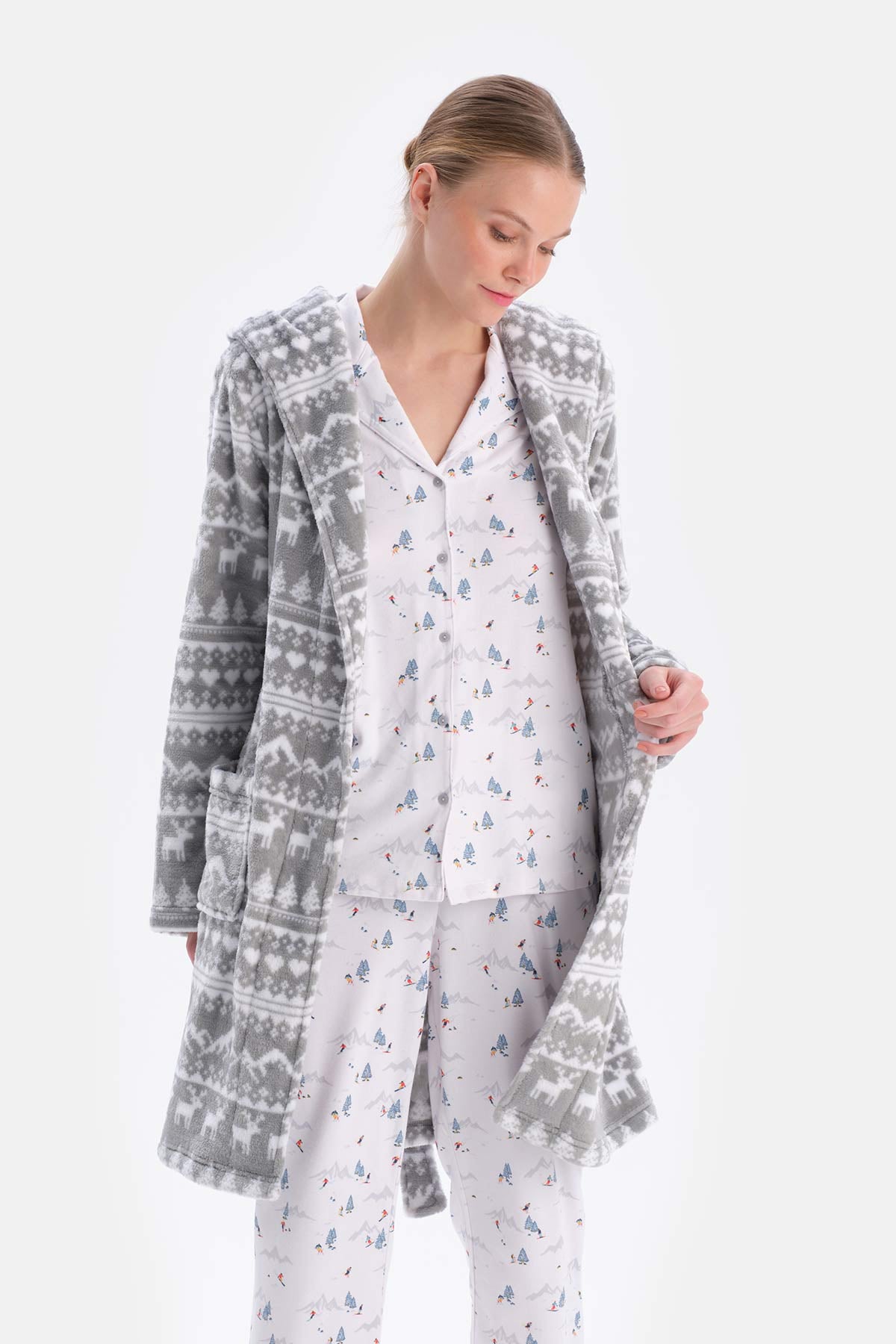 Grey CHRISTMAS PRINTED FLEECE ROBE
