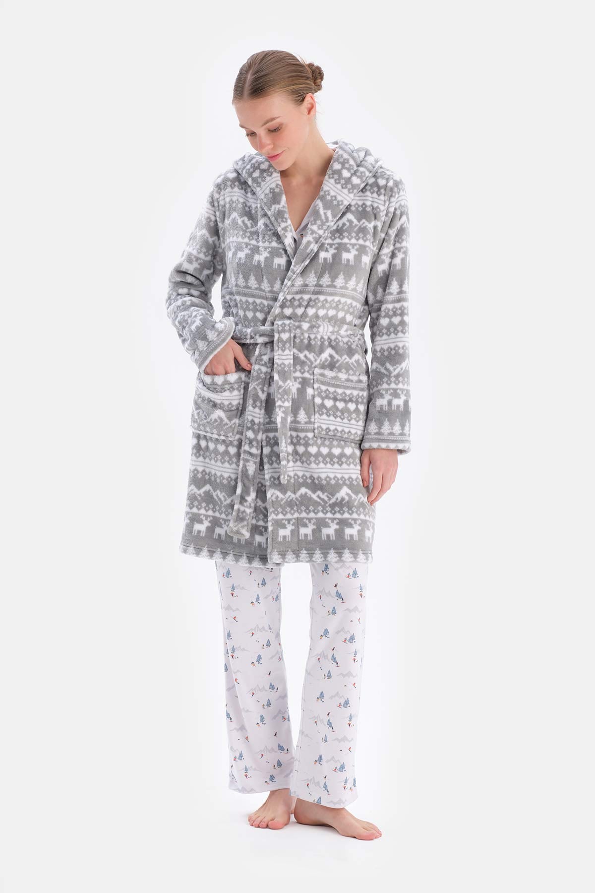 Grey CHRISTMAS PRINTED FLEECE ROBE