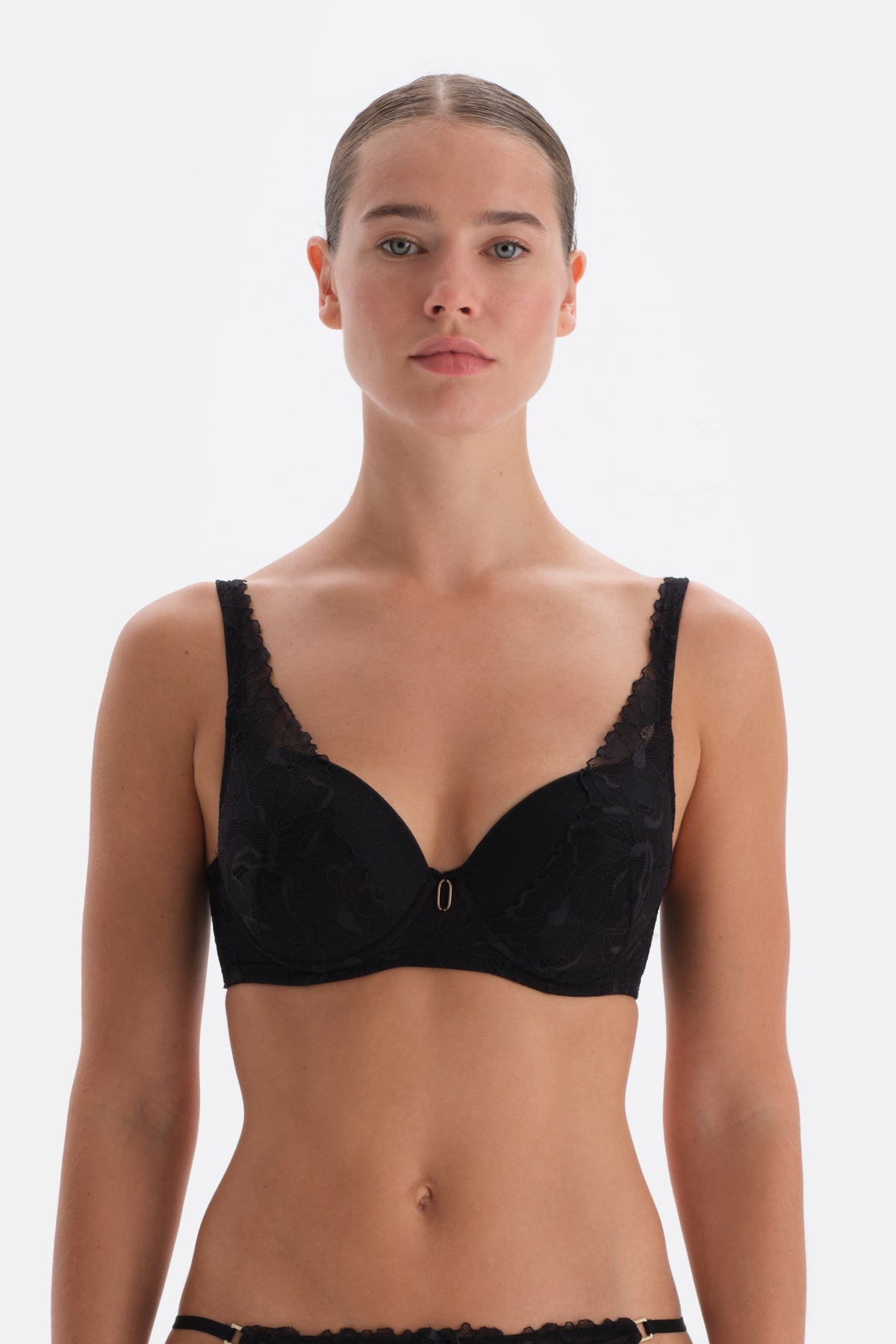 Black LACE AND ACCESSORY DETAILED FILLED BRA