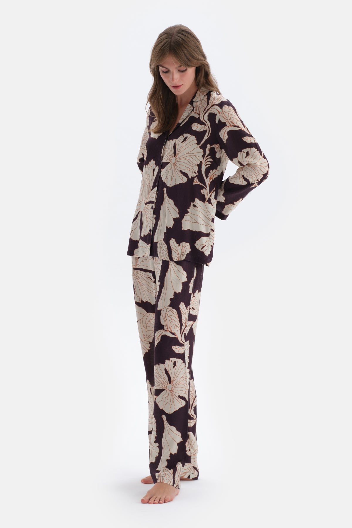 Mor Çiçek Baskı Detaylı Saten Pantolon Pijama Altı