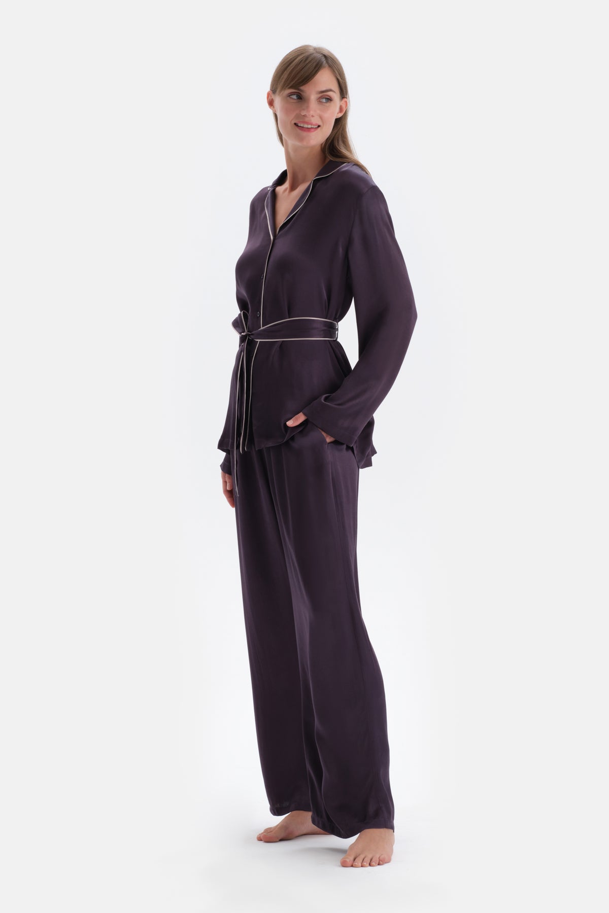 Purple WOVEN SATIN WOVEN TROUSERS WITH LEG STRAP