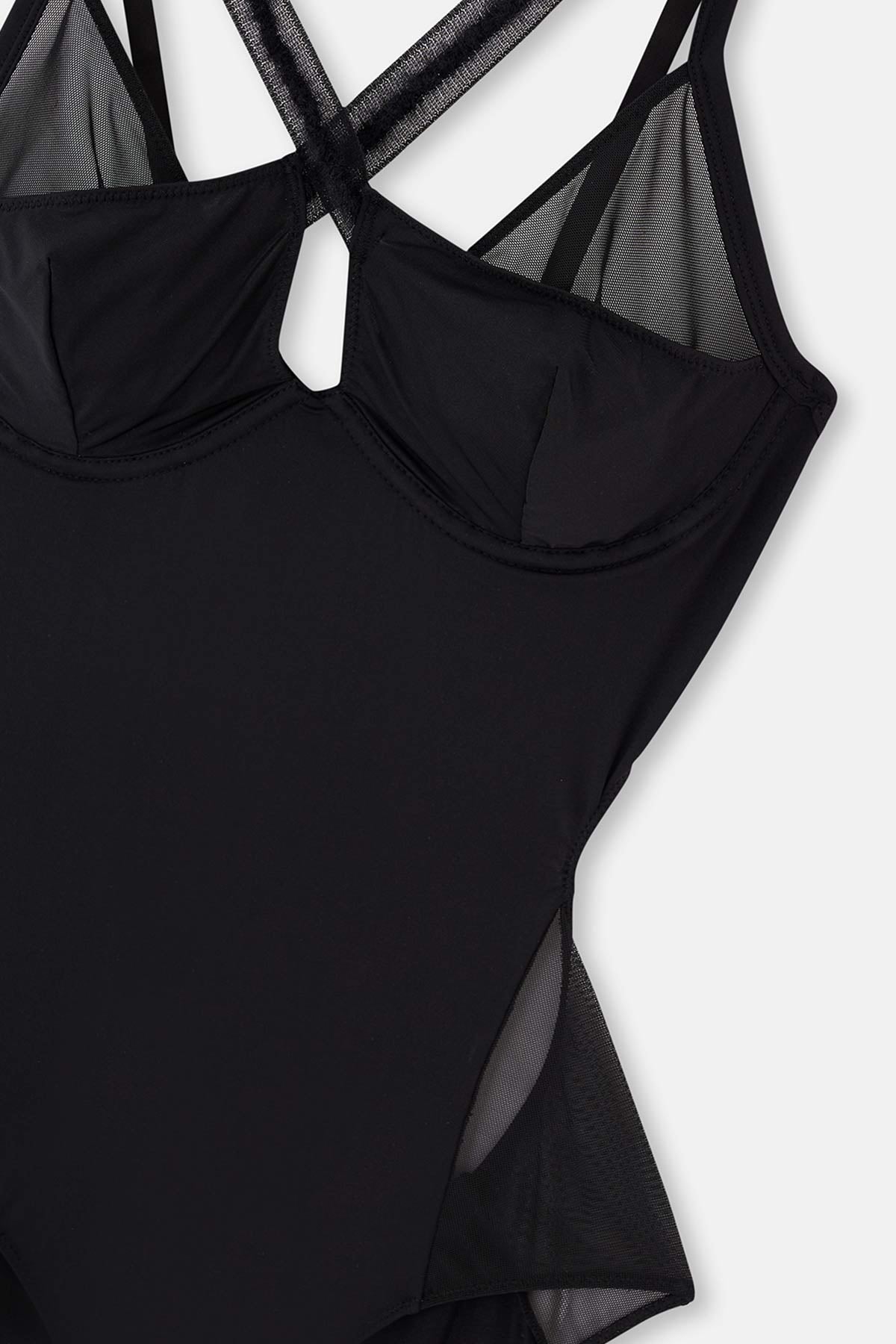 Siyah Tül Detaylı Balenli Bodysuit