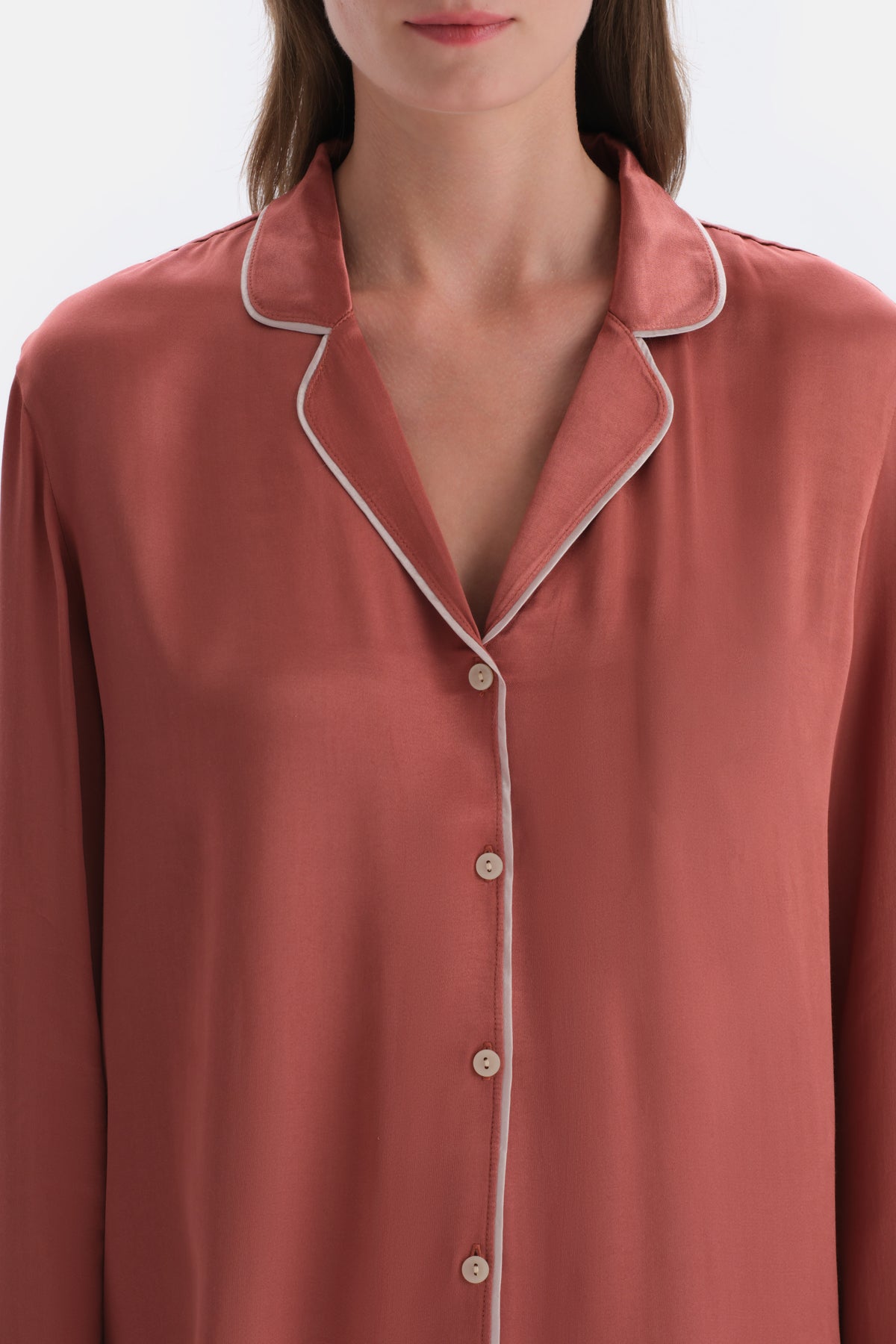 Kiremit Biye Detaylı Dokuma Gömlek Pijama Üstü