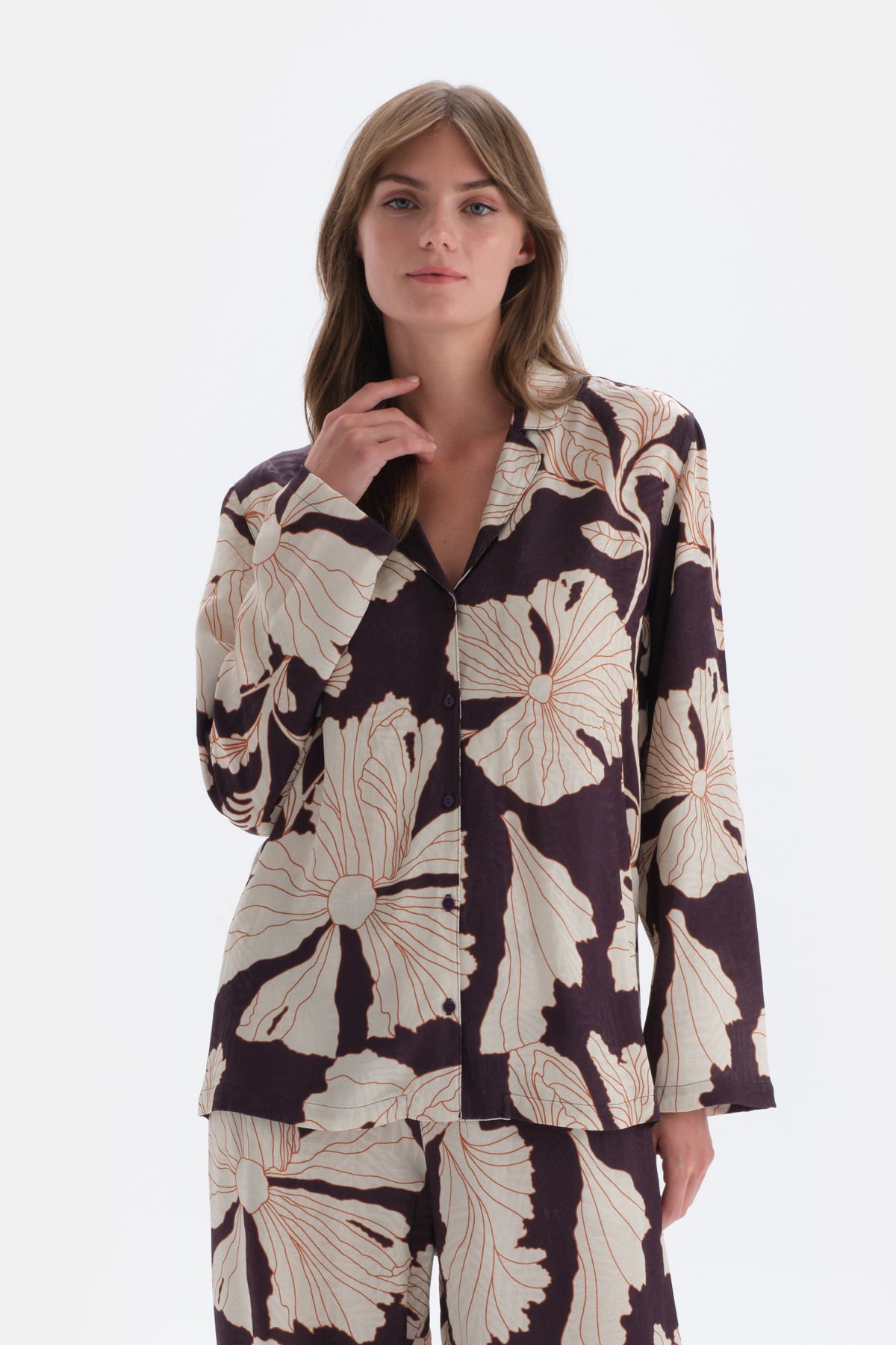Purple FLORAL PRINT DETAILED WOVEN SHIRT