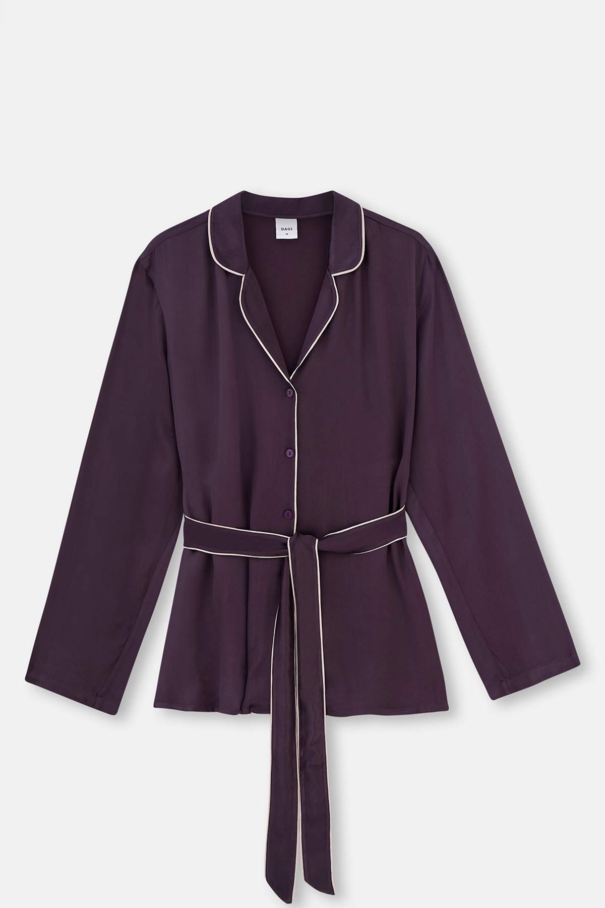 Mor Gömlek Yaka Bağlama Detaylı Saten Pijama Üstü