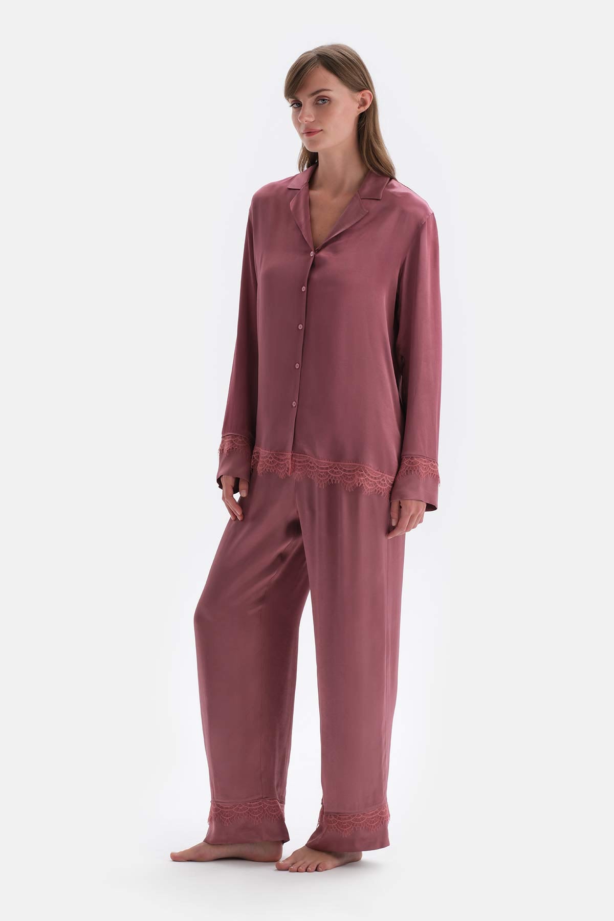 Dusty Rose LACE DETAILED WOVEN SHIRT