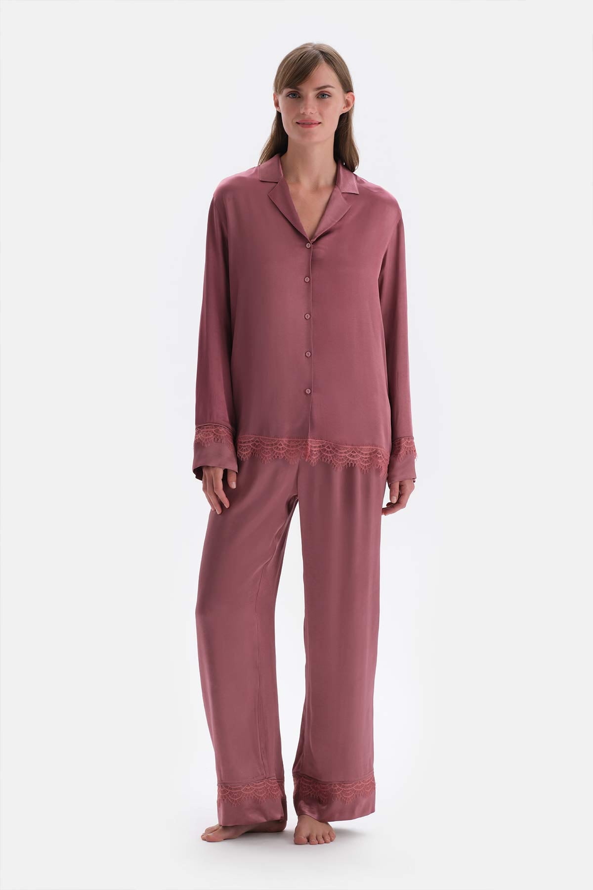 Gül Kurusu Dantel Detaylı Dokuma Gömlek Pijama Üstü