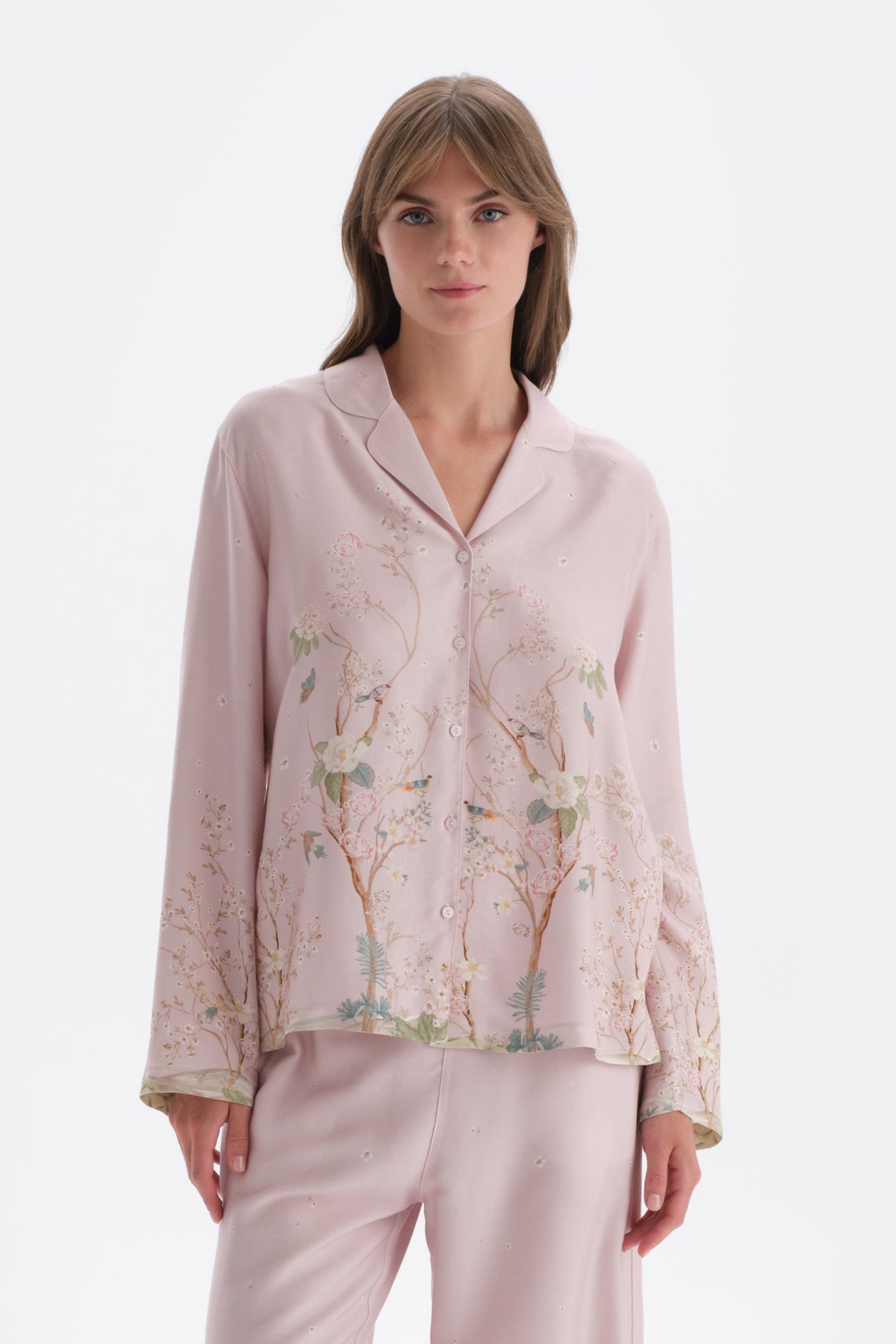 Açık Lila Metraj Baskılı Saten Gömlek Pijama Üstü