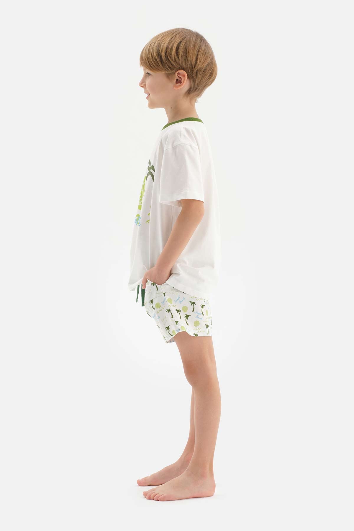 WHITE PALM PRINTED CREW-NECK SHORT SLEEVE T-SHIRT SHORTS PAJAMAS SUIT