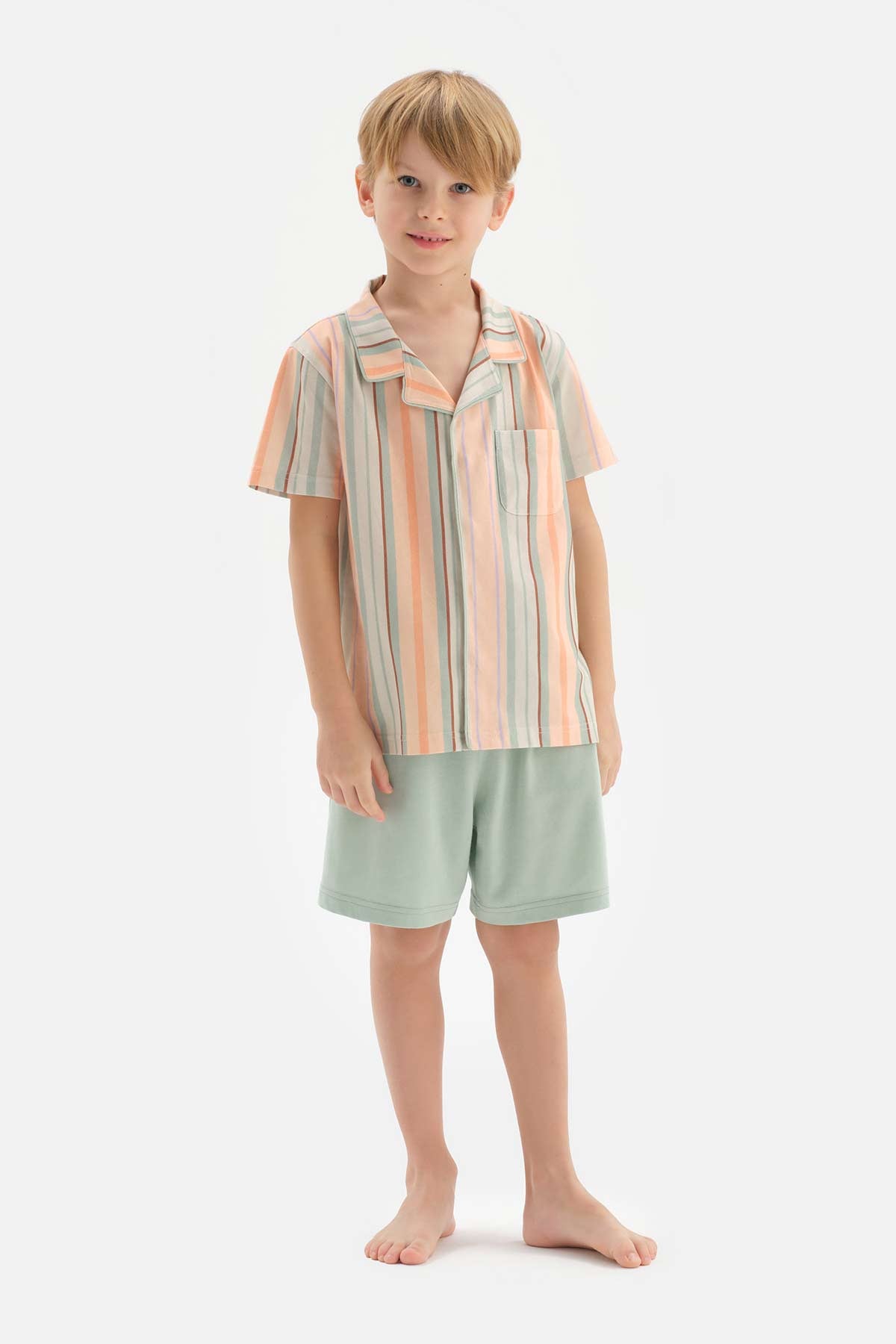 MULTICOLOUR SHIRT COLLAR STRIPED SHORT SLEEVE SHORTS PAJAMA SUIT