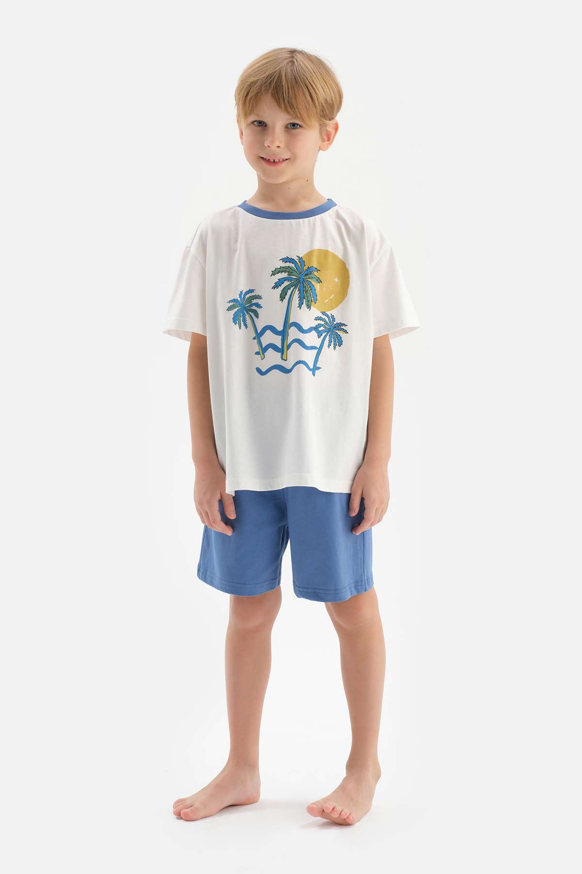 WHITE PALM PRINTED CREW-NECK SHORT SLEEVE T-SHIRT SHORTS PAJAMAS SUIT