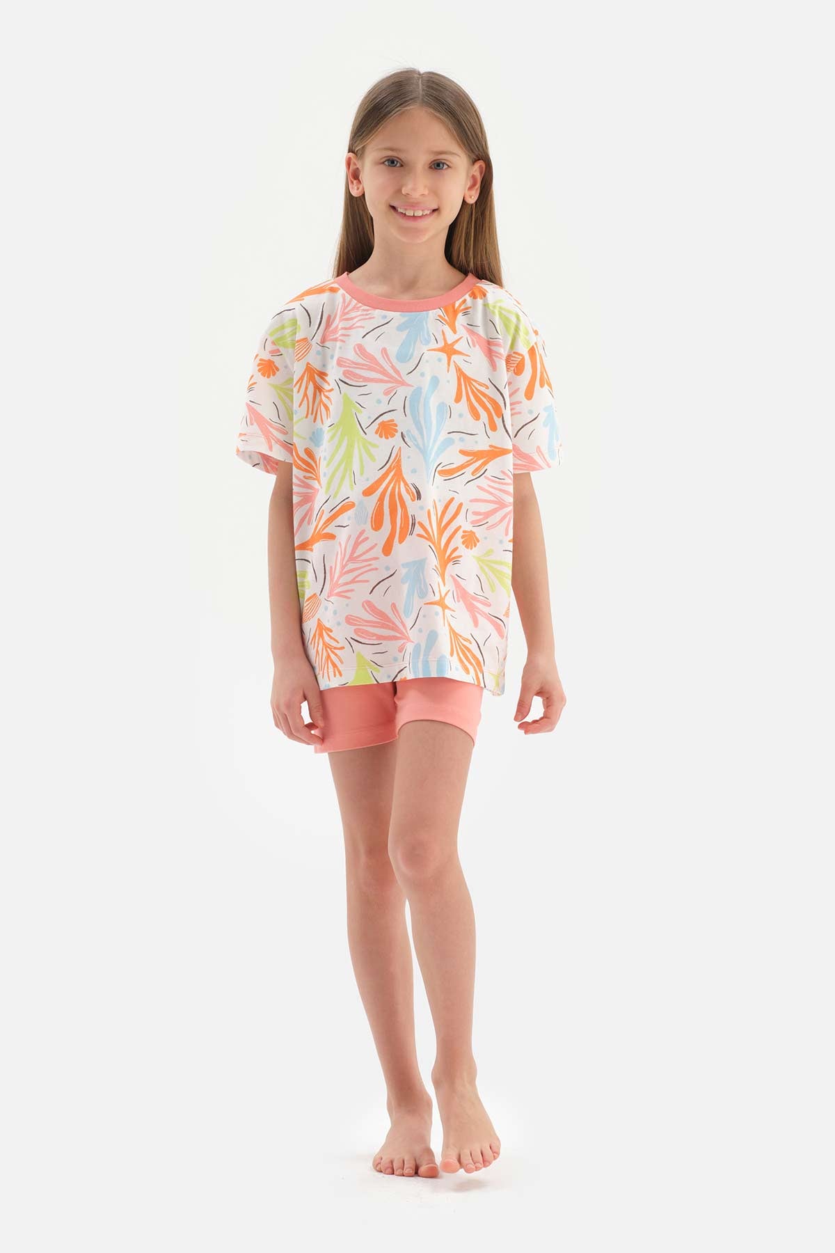 MULTICOLOUR CORAL PRINTED SHORT SLEEVE T-SHIRT SHORTS PAJAMAS SUIT