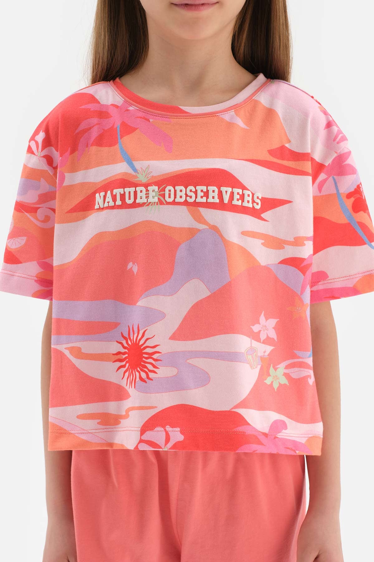 PINK SIZE PRINTED SLOGAN DETAILED SHORT SLEEVE T-SHIRT SHORTS PAJAMA SUIT