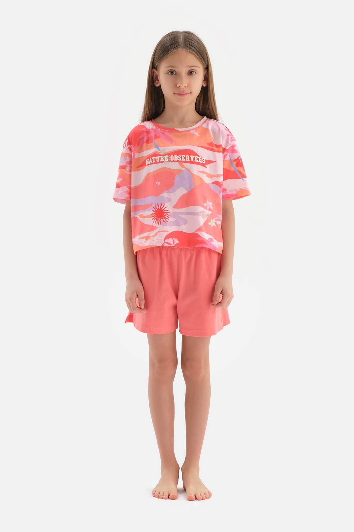 PINK SIZE PRINTED SLOGAN DETAILED SHORT SLEEVE T-SHIRT SHORTS PAJAMA SUIT