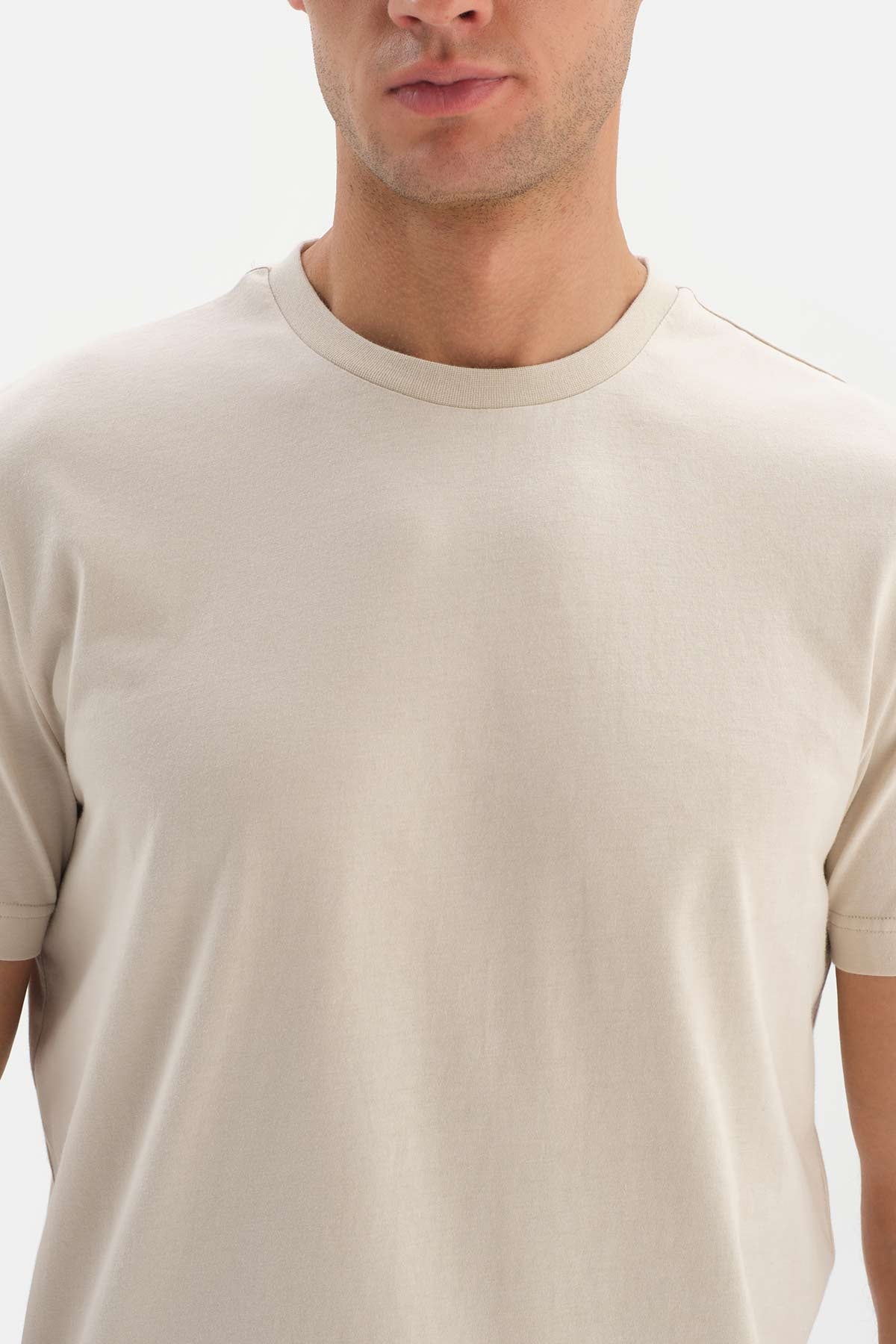 Bej Bisiklet Yaka Supima Pamuklu Kısa Kol T-Shirt