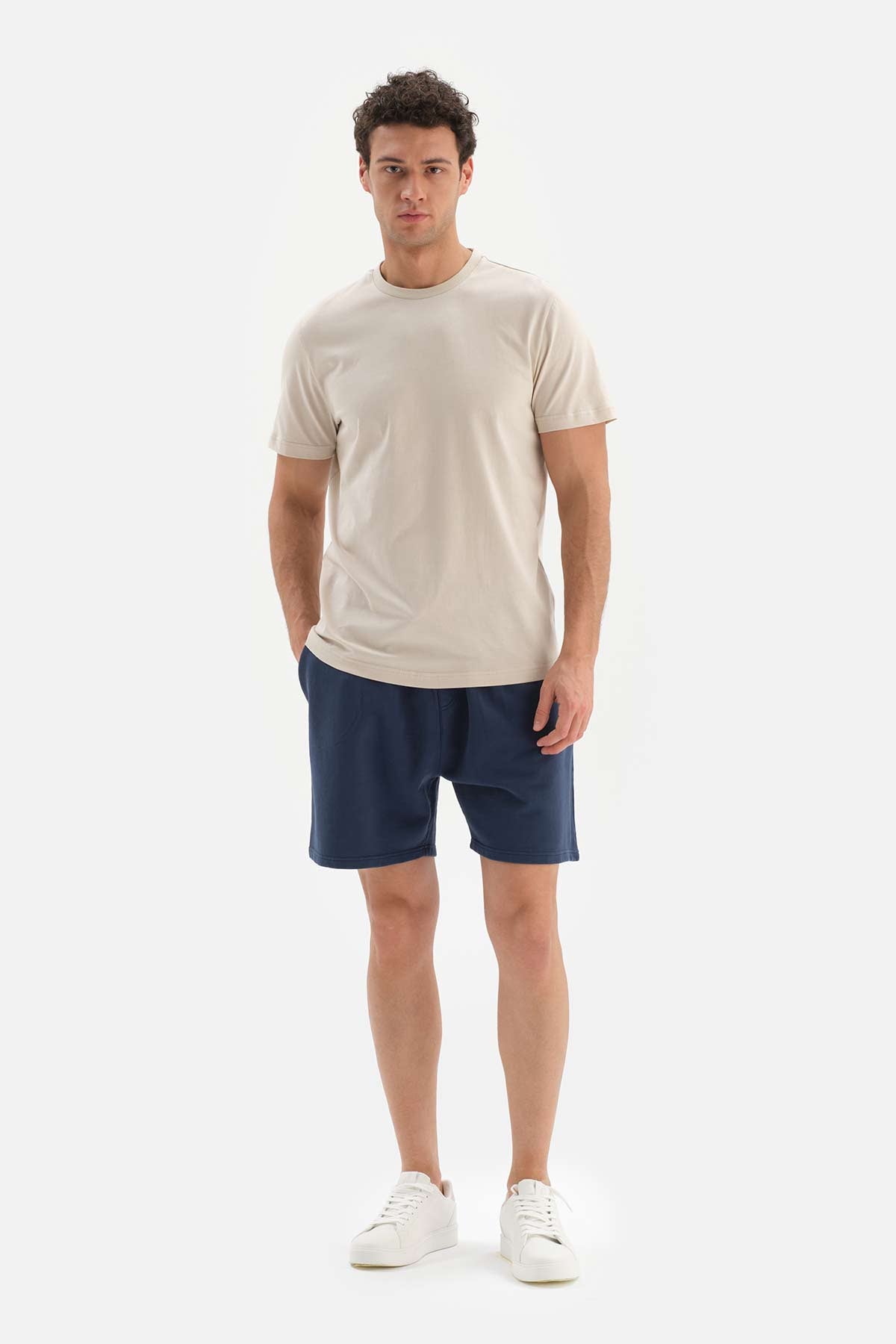 BEIGE CREW-NECK COTTON INTERLOCK SHORT SLEEVE T-SHIRT