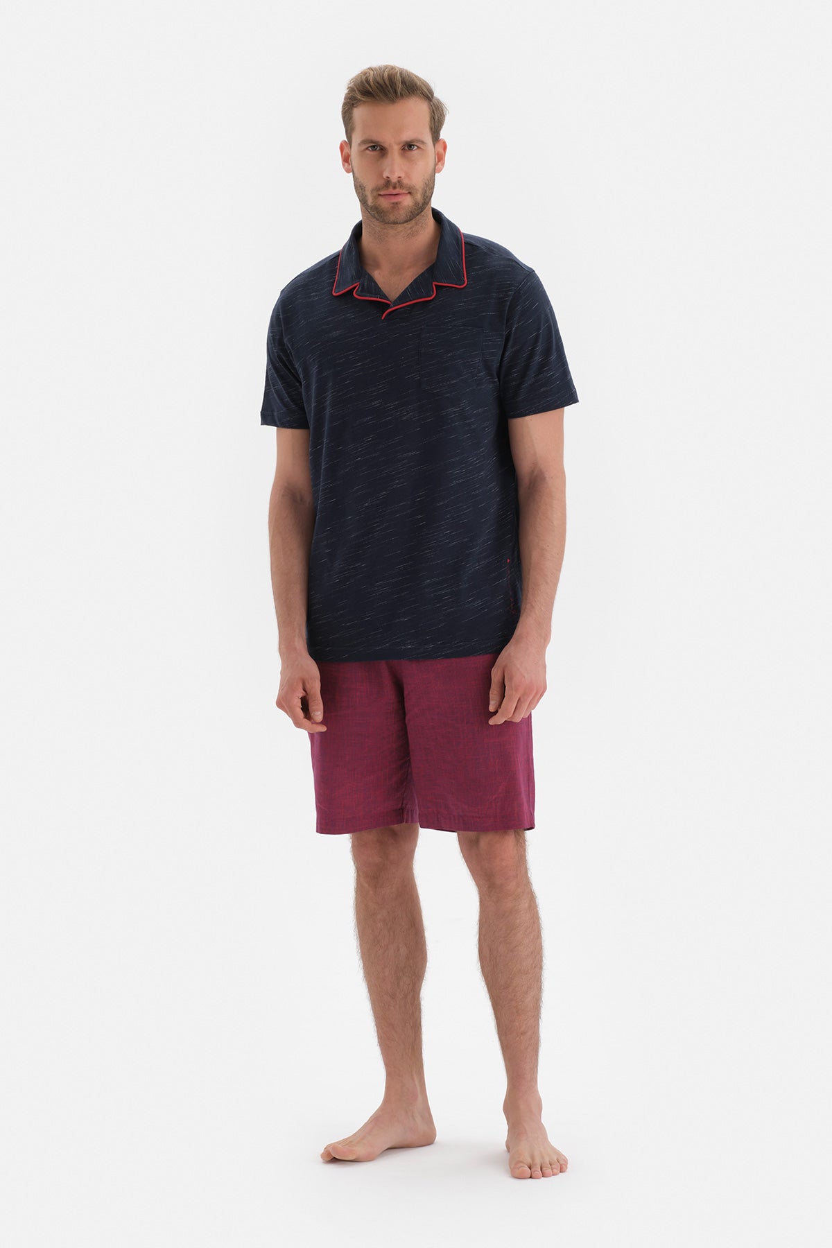 Lacivert Nakış Detaylı Pamuklu Şortlu Pijama Takımı