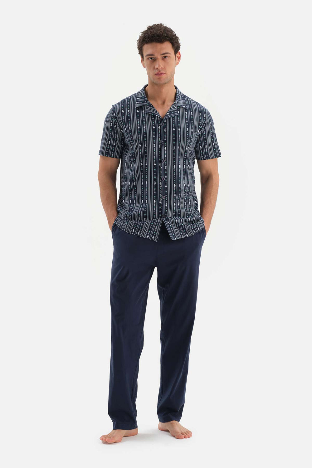NAVY SHIRT COLLAR PRINTED TOP KNITTED PAJAMAS