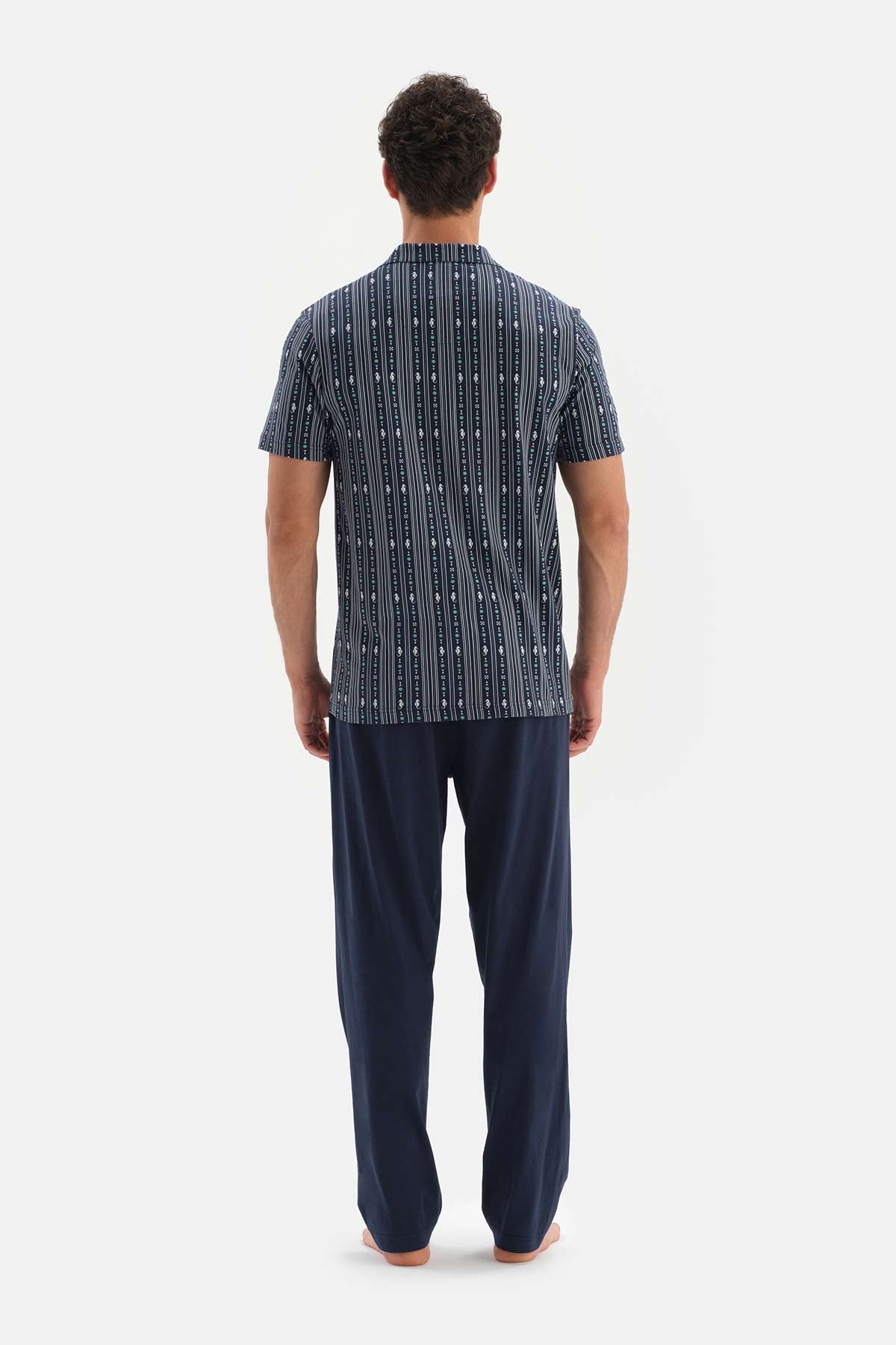NAVY SHIRT COLLAR PRINTED TOP KNITTED PAJAMAS