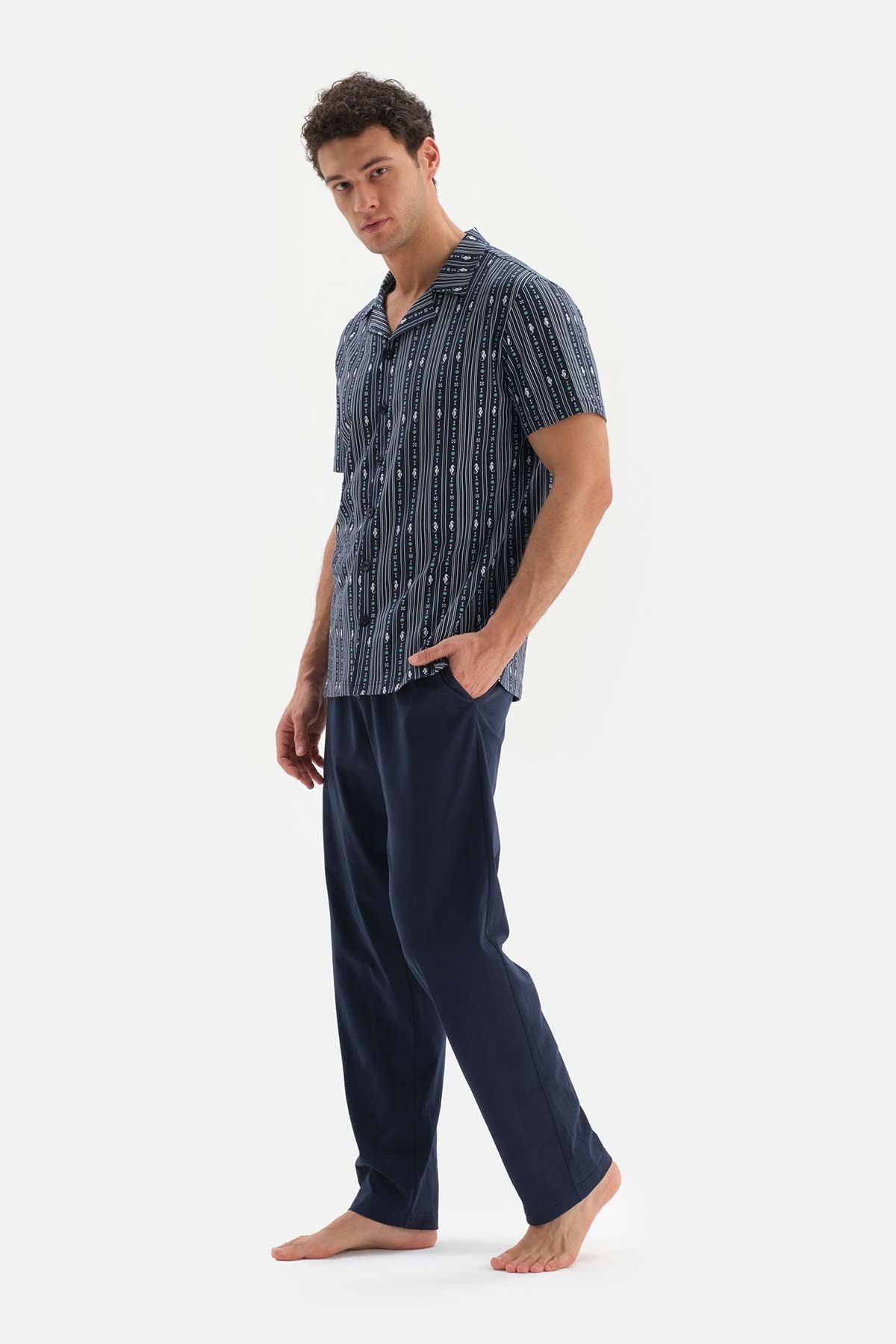 NAVY SHIRT COLLAR PRINTED TOP KNITTED PAJAMAS