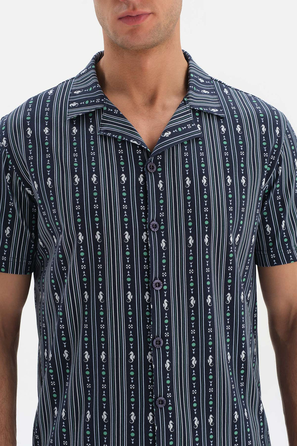 NAVY SHIRT COLLAR PRINTED TOP KNITTED PAJAMAS