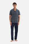 NAVY SHIRT COLLAR PRINTED TOP KNITTED PAJAMAS