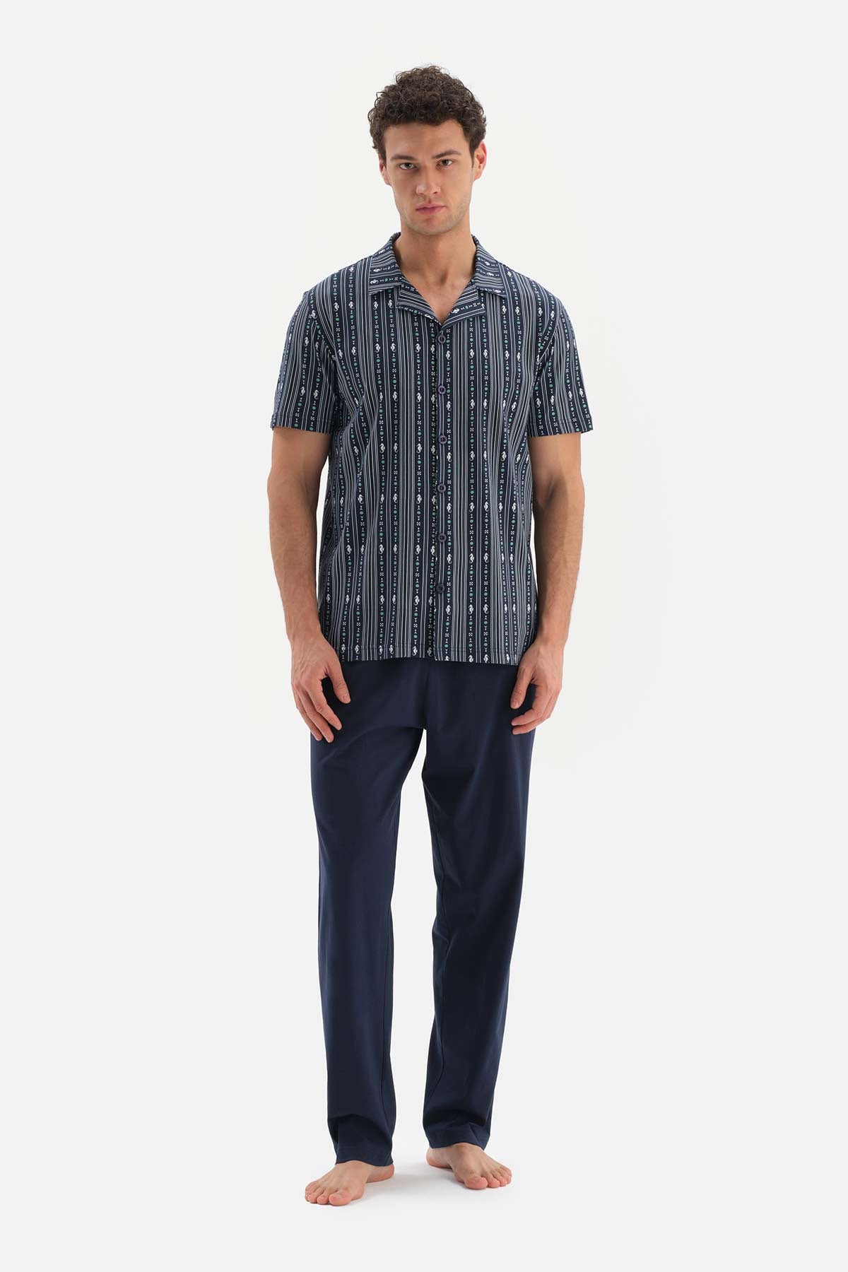NAVY SHIRT COLLAR PRINTED TOP KNITTED PAJAMAS