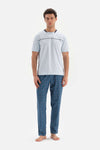 LIGHT BLUE CREW-NECK SHORT SLEEVE TOP PLAID BOTTOM KNITTED PAJAMAS