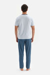 LIGHT BLUE CREW-NECK SHORT SLEEVE TOP PLAID BOTTOM KNITTED PAJAMAS