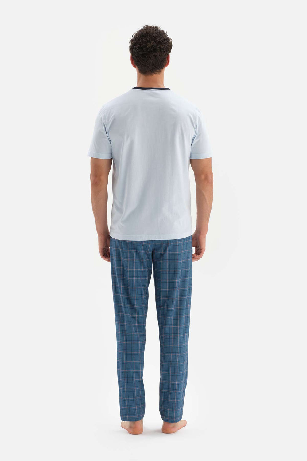 LIGHT BLUE CREW-NECK SHORT SLEEVE TOP PLAID BOTTOM KNITTED PAJAMAS