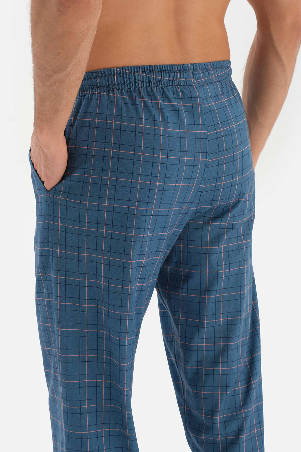 LIGHT BLUE CREW-NECK SHORT SLEEVE TOP PLAID BOTTOM KNITTED PAJAMAS