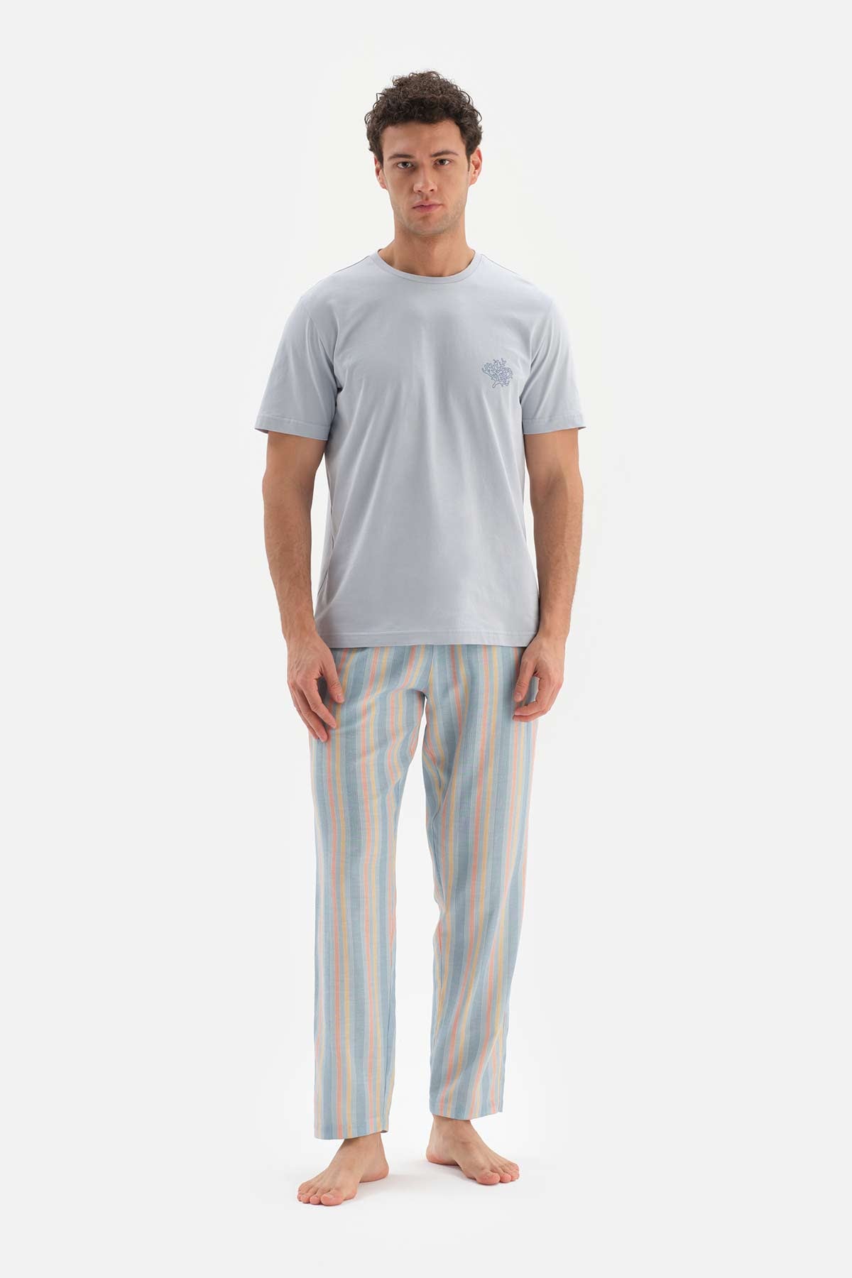 LIGHT BLUE CREW-NECK PRINT DETAILED TOP STRIPED BOTTOM PAJAMAS