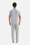 LIGHT BLUE CREW-NECK PRINT DETAILED TOP STRIPED BOTTOM PAJAMAS