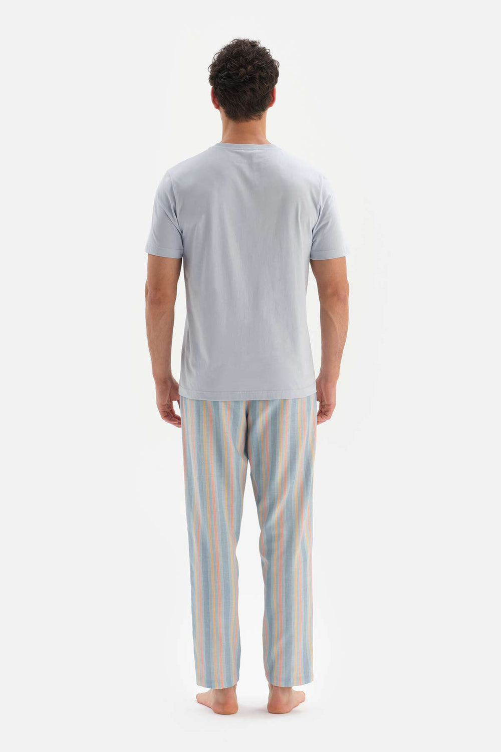 LIGHT BLUE CREW-NECK PRINT DETAILED TOP STRIPED BOTTOM PAJAMAS