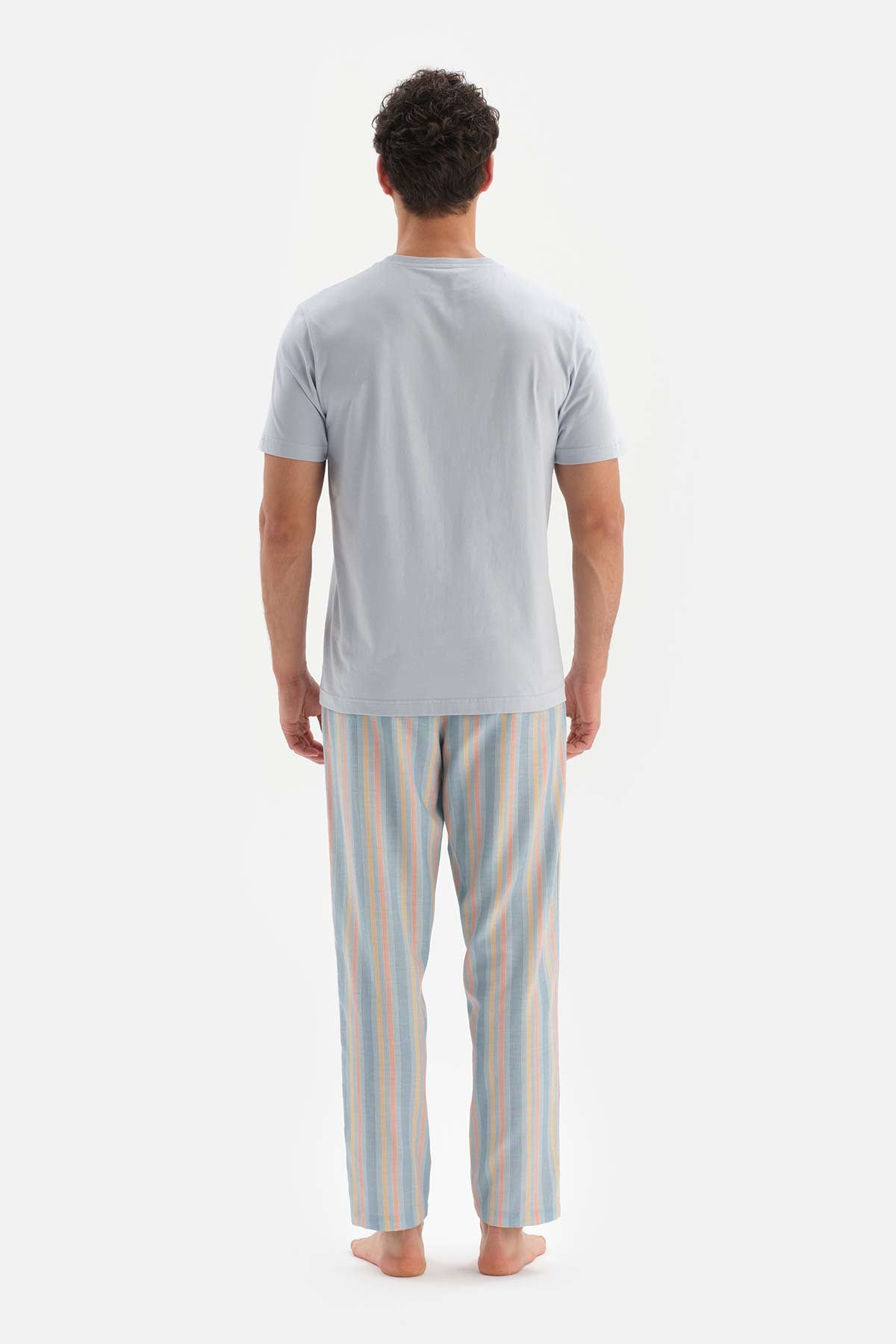 LIGHT BLUE CREW-NECK PRINT DETAILED TOP STRIPED BOTTOM PAJAMAS