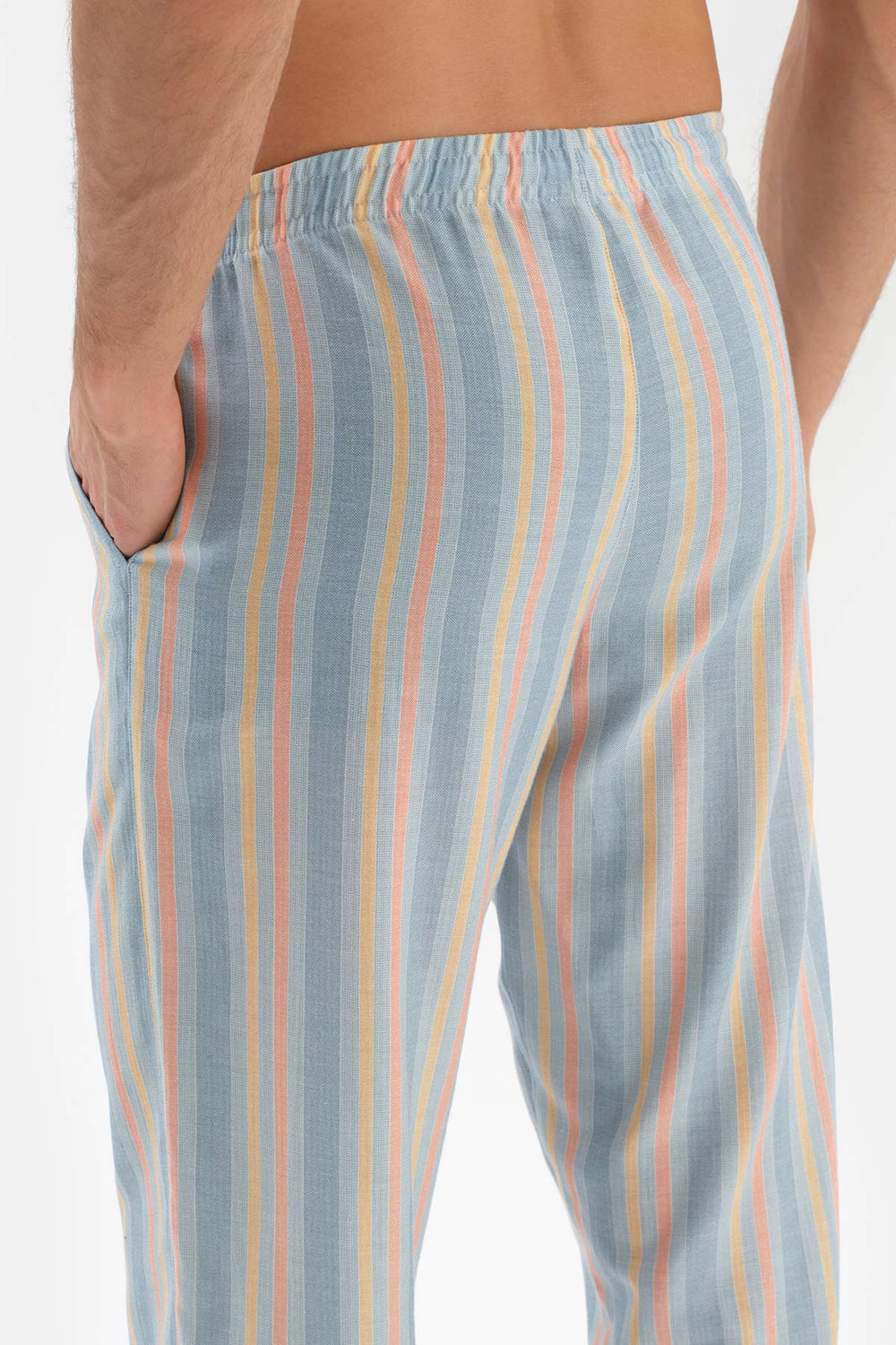 LIGHT BLUE CREW-NECK PRINT DETAILED TOP STRIPED BOTTOM PAJAMAS