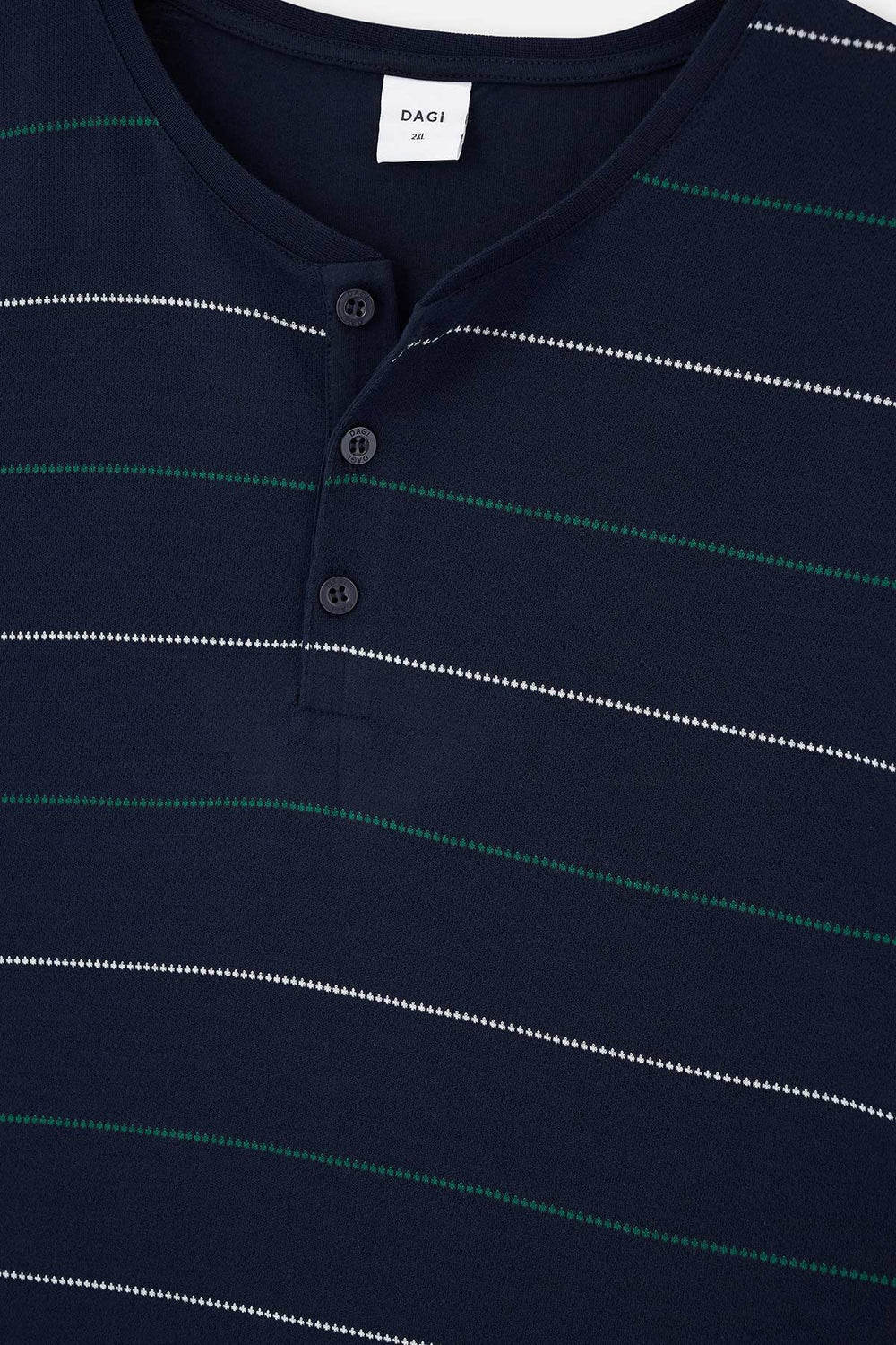 NAVY HALF-PLOT STRIPED JACQUARD KNITTED PAJAMAS
