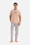 SALMON CREW-NECK PRINTED TOP STRIPED WOVEN BOTTOM PAJAMAS SUIT